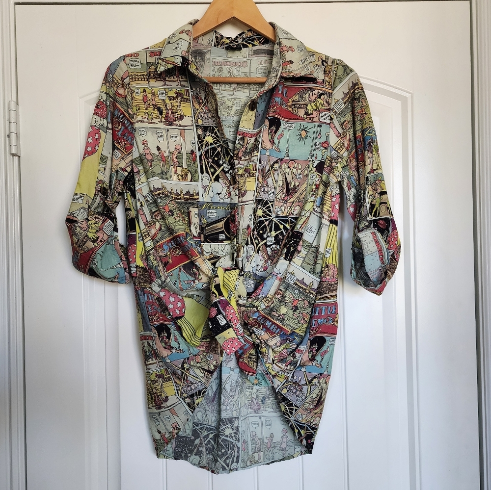 Shana Mod Pop Cartoon Button Down Zipper Back Small